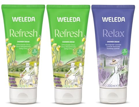 WELEDA - Trio Crème de douche - Refresh Citron rafraîchissant X2 + Relax Lavande apaisante X1 - Vegan* - Certifié Natrue** - Tube 3 * 200ml