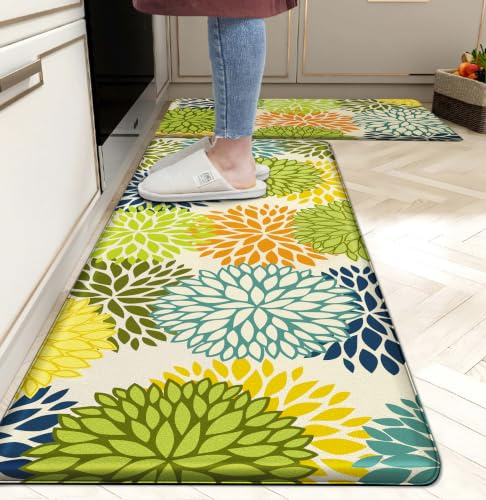 tubeamin Set di 2 tappetini da cucina imbottiti, anti-affaticamento, antiscivolo, impermeabili, in memory foam, comodi tappetini per lavandino, ufficio, lavanderia, multicolore