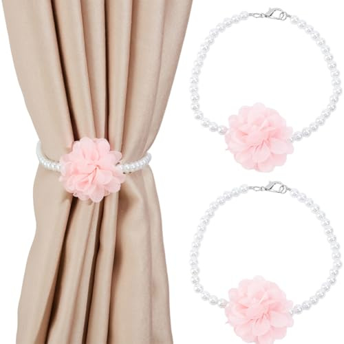 DELORIGIN 2 Stück Vorhang Raffhalter Mit Perlen Elegante Blumen Raffhalter Dekorative Vorhanghalter Für Zuhause Schlafzimmer Büro Fenster (Pink)