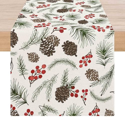 ViaElayu Tischläufer Weihnachten Weihnachtsdeko Tisch Läufer Weihnachts Tischdeko mit Grün Kiefer Tannenzapfen Beere Weihnachtsfeier Weihnachtstischläufer Modern Winter Küche Tisch Deko 40x180 cm