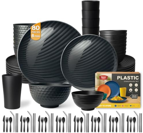 Teivio 88-Piece Kitchen Reusable Plastic Round Dinner Set for 8, Dinner Plate, Dessert Plate, Cereal Bowl, Sauce Cups, Cup, Unbreakable Plastic Plate and Bowl Set, Outdoor Camping Dishes, Black