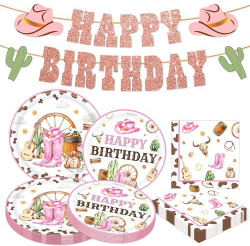 JeVenis Western Cowgirl Birthday Party Supplies Tableware Disposable Cowgirl Plates Napkins for Western Baby Shower Bridal Shower Birthday Party Decorations 10 Guest