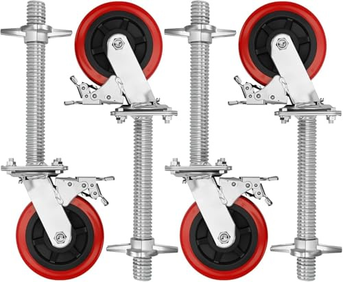 Set of 4 Scaffolding Wheels with Brake Scaffold Tower Casters Adjustable legs 6 inch Heavy Duty Locking Rubber Wheel for(6 inch)