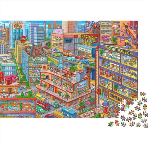 Cartoon-Stadtszene, 1000-teiliges Premium-Puzzle aus hochwertigem Karton, extrem schwierig, 38 x 26 cm / 1000 Teile