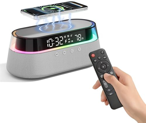KUANGXIANG Portable Speakers Wireless Bluetooth | 15W Wireless Charging for iPhone, FM Radio with Remote for Bedroom Home Office, Adjustable LED Night Light for Bedside