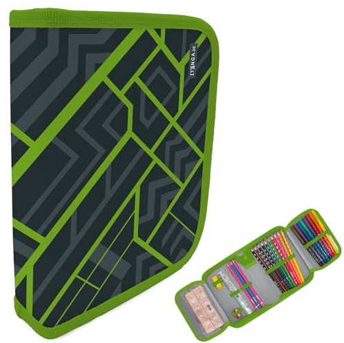 itenga Federmäppchen Jungen 28-teilig gefüllt – Schüler-Etui 1-Zipper mit Stiften, Lineal & Zubehör – Mäppchen Schule Grundschule (Motiv geometrisches Muster)