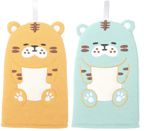 IMIKEYA Moufles Exfoliants de Bain en Coton et Polyester Bain pour Garçon et Filles Facile à Tenir Transporter, Motif Tigre Mignon, Lot de 2