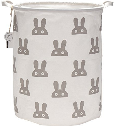 Sea Team 19.7 Inch Large Sized Waterproof Coating Ramie Cotton Fabric Folding Laundry Hamper Bucket Cylindric Burlap Canvas Storage Basket with Stylish Grey Bunny Design