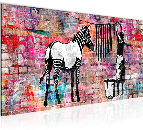 Runa Art Wandbild Banksy Washing Zebra 1 Teilig 100 x 40 cm Modern Bild auf Vlies Leinwand Street Art Loft Wohnzimmer Bunt 012912c
