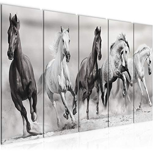 Runa Art Wandbild XXL Pferde Wohnzimmer Schlafzimmer 200 x 80 cm Schwarz Weiss 5 Teilig - Made in Germany - 014155c