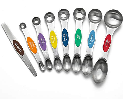 WEZVIX Magnetisches Messlöffel-Set, Edelstahl, doppelseitig, stapelbar, Design mit Nivellierer zum Messen von trockenen und flüssigen Zutaten, 8 Stück