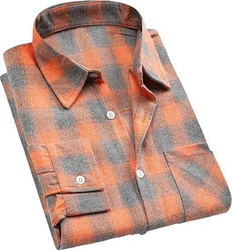 Cromoncent Chemise boutonnée décontractée en flanelle à carreaux pour homme, Gris orange., Taille L
