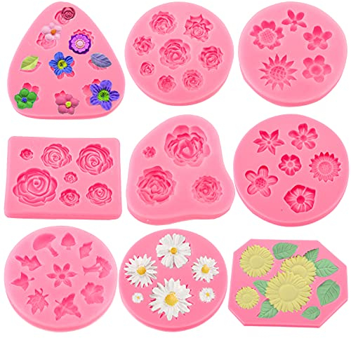 TOPZEA 9pcs Pink Flower Silicone Cake Molds