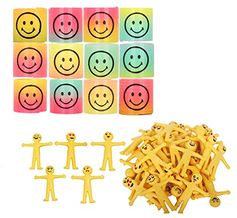30 x gelbe dehnbare Smiley-Spielzeuge und 12 x Mini-Regenbogen-Smiley-Gesichter, Feder-Spielzeug, Klassenzimmer-Preise und Belohnungen, Spielzeug, Strumpffüller, Partytütenfedern für Kinder.