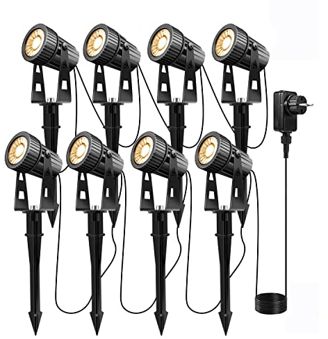 Lam(MS)pen Gartenleuchte LED Gartenstrahler Warmweiß COB LED Gartenleuchtung mit Erdspieß Gartenlampe für Außen Garten Rasen Baum, 12V 20W Alu IP65 Wasserdicht (8er /Warmweiß)