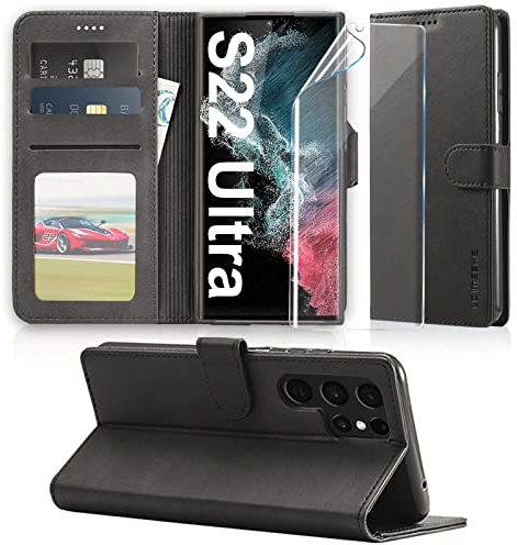 Handyhülle für Samsung Galaxy S22 Ultra Hülle 5G Leder Klappbar mit Schutzfolie, Premium Schutzhülle Wallet [Kartenfach] [Standfunktion] Cover Flip Case für Samsung S22 Ultra 5G Klapphülle