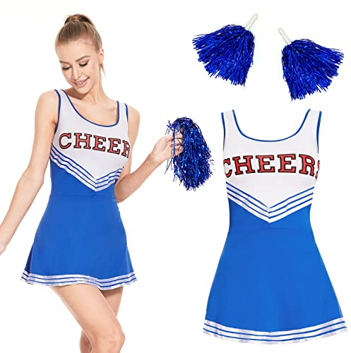 FORMIZON Cheerleader Kostüm, Cheerleader Kostüm Damen Sexy, Cheerleading Uniform Kein mit Pompons und Socken, High School Cheerleader Kostüm für Halloween Verkleidung Karneval (Blau-ohne Socken, M)