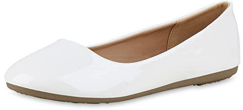 VAN HILL Damen Klassische Ballerinas Flache Freizeit Schuhe Elegante Slip Ons Lack Slippers Leder-Optik Schlupfschuhe 211176 Weiss Lack 39