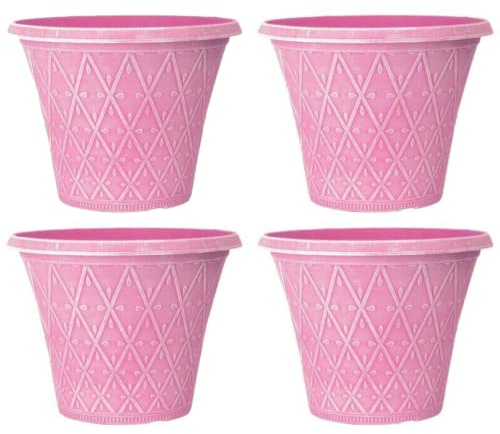 Fyne-Finds Set of 4 Round 30cm, 12inch Garden Plastic Material Plant Pot Pink Outdoor Planter Decorative Cover, Drainage Holes, Weather Proof