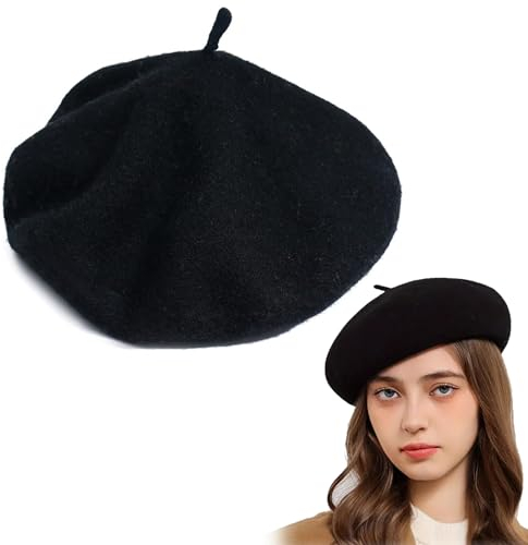 KARELLS Baskenmütze,Barett,Einfarbige Baskenmütze aus Wollgemisch,Damen baskenmütze,Mütze Barette,WintermüTze,Französischen Beret,Schiebermütze Damen,Baskenmütze aus Wolle,Wolle Bailey Hut,Schwarz