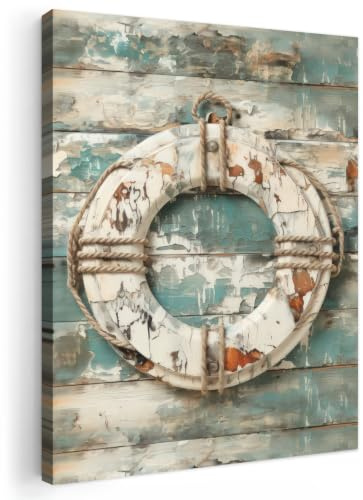 MuchoWow© Leinwand Deko Schlafzimmer Aesthetic Leinwandbilder Wohnzimmer | 30x40 cm - Gemälde Foto Geschenk Living Room Decoration Maritime - Boje - Rettungsring - Holz - Maritim
