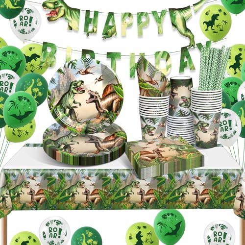 YIMAKJ Vaisselle de fête d'anniversaire dinosaure, assiettes en carton avec ballons, décoration d'anniversaire pour garçon et fille, pour 16 invités