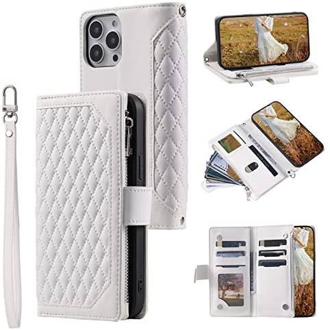 QLTYPRI Wallet Case for iPhone 15 Pro Max(6.7 inch),Luxury Quilted PU Leather Wallet Case with Card Slots for Women,Magnetic Zipper Purse Case with Wrist Strap Kickstand Shockproof Flip Cover-White