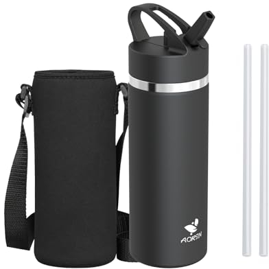 AORIN Trinkflasche Edelstahl, 500ml Auslaufsichere Wasserflasche mit Strohhalm, BPA-Frei Trinkflasche Kinder, Vakuumisolierte Thermoskanne für Sport, Schule, Fitness, Outdoor