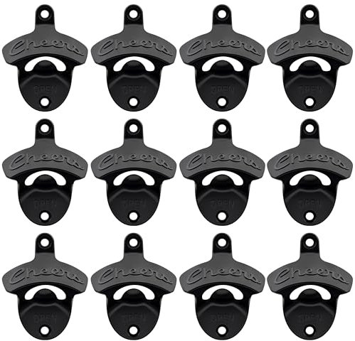 Luwanburg 12 PCS Black Bottle Opener Wall Mounted Beer Cap Opener Bulk, Cheers Soda Top Opener Table Mounted for Wooden DIY