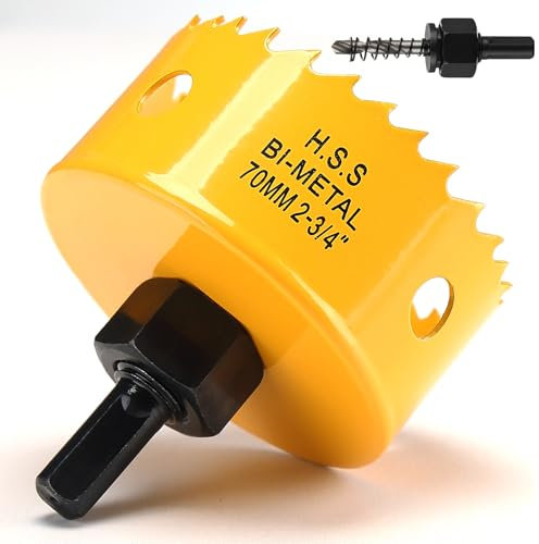 70mm Hole Saw, HSS Bi-Metal Hole Cutter with Drill Bit for Wood, Plastic, PVC, Fiberglass and Plasterboard, Yellow