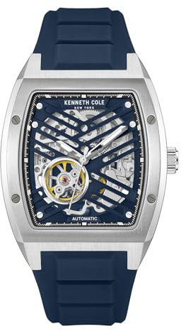 Kenneth Cole New York Herren-Automatikuhr – Skelett-Zifferblatt, gebogenes Gehäuse, zeitgenössischer Stil, Silber – blaues Silikonarmband, Modern