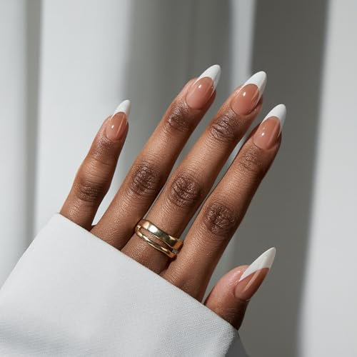 BTArtbox Press On Nails French Tip - Medium Almond French Tip False Nails, 30 Pcs Natural Fake Nail with Glue, Brown Stick on Nails for Women in 15 Sizes, Capable