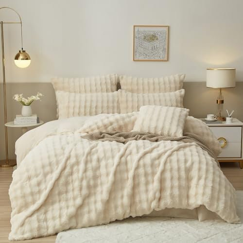 Luofanfei Housse de Couette Hiver 240x260 Chaude Flanelle Toucher Cashmere Polaire Parure de Lit en Velours Blanc Beige Doux avec Fermeture Éclair Linge de Lit 2 Personnes avec Taies d'oreiller 65x65