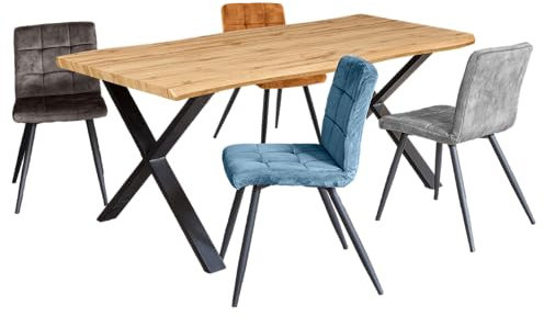 Endorphin Baumkanten Esstisch-Set aus Massivholz - 180x90x76cm mit 4 Stühlen in Samtoptik - Tischplatte: 40 mm - Natur-geölt - X-Gestell aus schwarzem Metall im Industrial Look