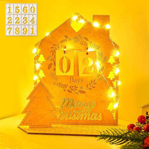 Dalugo Calendrier de l'Avent avec Guirlande Lumineuse, 24 Jours de Compte à Rebours de Calendrier de l'Avent en Bois, Surprises Décoration de Noël en Bois pour la Maison, le Bureau, Noël