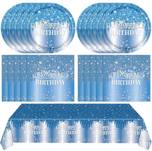LOIYSHINE 41PCS Happy Birthday Decorations for Men Blue Birthday Party Supplies Blue and silver Theme Plates Napkins Tablecloth Set for Men Women Birthdays Weddings Party Favors