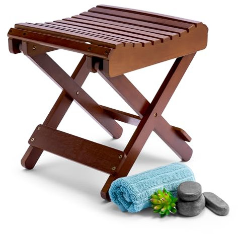 Sorbus Klappbarer Tritthocker aus Bambus (braun) – für Rasieren, Duschfußstütze, Badstuhl – ideal für Badezimmer, Spa, Sauna, Holzsitz, komplett montiert – 29,8 cm T x 31,1 cm B x 34,9 cm H