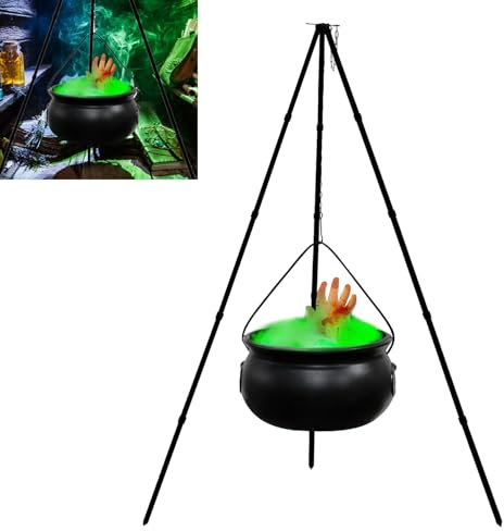 Witches Cauldron, Halloween Decor Outdoor Large Witches Cauldron on Tripod with Lights, Black Plastic Bowl Decor Candy Bucket Halloween Witch Decorations for Home, Garden, Porch, Outside (B)
