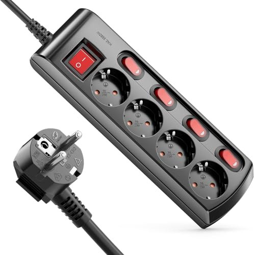 deleyCON Regleta de 4 Tomas Conmutable Individualmente Cable de 3,0m (4X Interruptor de Encendido/Apagado y 1x Interruptor Principal) Alimentación Regleta de Enchufes Base de Enchufe Múltiple - Negro