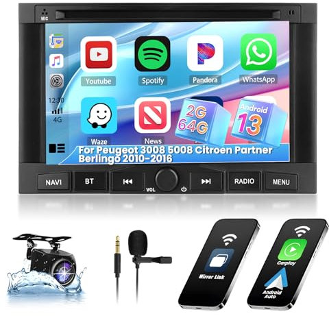 Hikity 2+64G Radio Android para Peugeot 3008 5008 Citroen Partner Berlingo 2010-2016 Inalámbrico Carplay Android Auto, 7 Pulgadas Pantalla Táctil Radio con Bluetooth WiFi DSP GPS FM RDS SWC