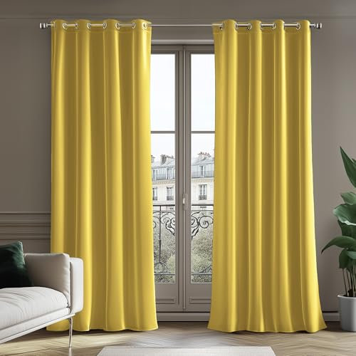 Deconovo Samt Vorhang Verdunkelungsvorhänge 100% Blickdicht Gardinen mit Ösen Samtvorhang für Schlafzimmer Thermogardinen Kälteschutz Dicke Velvet Curtains, 270x140cm(HöhexBreite), Gelb, 2er Set