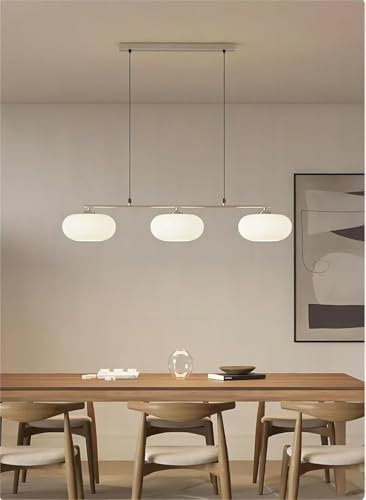 WOQuju Kronleuchter Retro Metall 3 Lichter Wabi Sabi Stil E27 Moderne japanische Lampe Luxus Cremefarben Restaurant Pendelleuchte Insellampe Kakiform Glaslampenschirm Höhenverstellbar(Chrome)