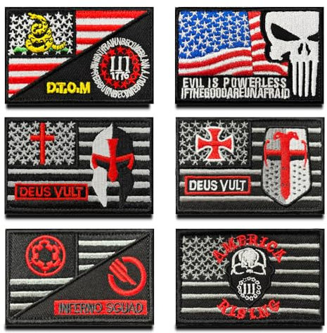 6 Stück USA Flagge Mit Film-Logo Patch- Taktisch Amerika DTOM/Ziele/Kreuz Abzeichen, Bestickter Aufnäher mit Unterstützt, Militär Patch für Rucksäcke Kleidung Taschen Uniform Weste Jersey