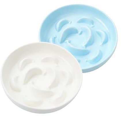 Gamelle Chat Anti Glouton Céramique - Lot de 2 Gamelles pour Chats pour Alimentation Lente - Bol Double pour Chat Série Pastel - Compatible Lave-Vaisselle et Micro-Ondes - Blanc et Bleu