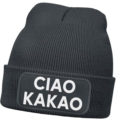 MoonWorks® Herren Beanie mit Patch Strickmütze mit Spruch Aufdruck Lustig Wortspiel Hallo Tschüss Lustig Mütze Männer Dunkelgrau Unisize