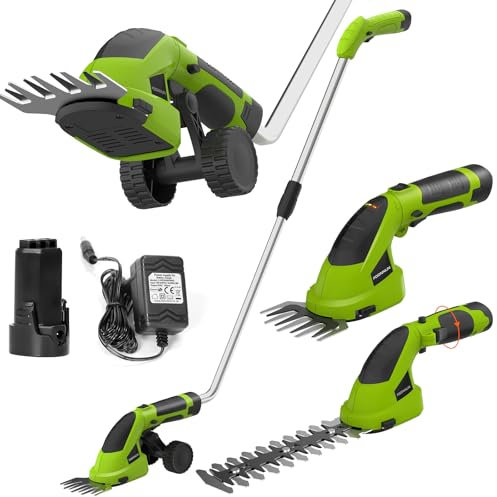 FOONNUN Cisaille Sculpte-Haie Électrique et Taille-Herbes Téléscopique sans Fil 7,2V, Cisaille à Gazon 2 en 1, Poignée Rotative à 180°, Batterie 2000mAh et Type C, pour Couper Gazon/Buisson