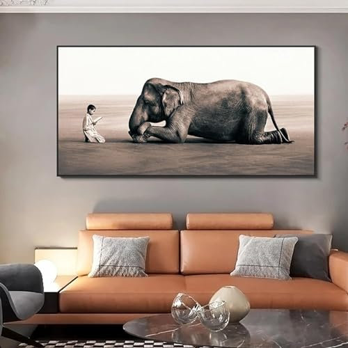 ZHUOYA Junge liest einem Elefanten vor, Leinwandgemälde „Asche und Schnee“, Poster und Drucke, Wandkunst, Tierbilder für die Wohnzimmerdekoration, 50 x 100 cm, rahmenlos