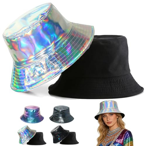 CWENDANER Musikfestival Glänzender Fischerhut,Punk Hip Hop Metallischer Fischerhut,Sonnenschutz Flexibel Faltbar,Karnevals Halloween und Osterhüte Wasserdichter Regenhut für Unisex Silber