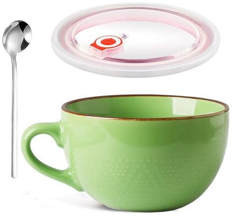 Tazza da Caffè Grande, 700 ml Tazza in Ceramica, Riutilizzabil Ciotola per Yogurt, tazza Grande in Ceramica, Ciotola da Zuppa in Ceramicaa Con Coperchio e Cucchiaio, per Insalate e Tè(Verde erba)