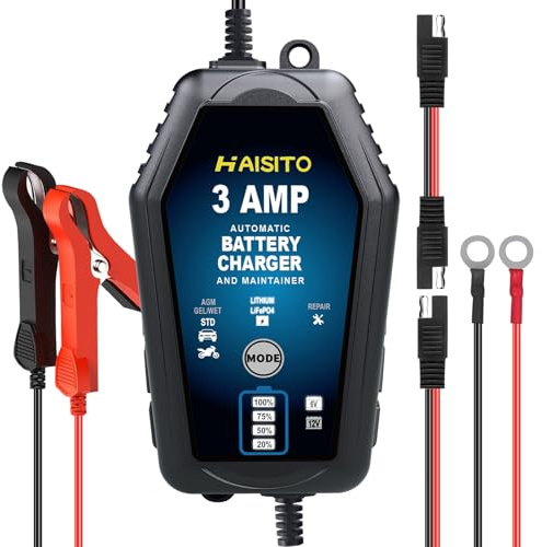 3AMP 6V/12V Smart Battery Charger For Lead-Acid, LiFePO4 &Lithium Batteries | 4-in-1 charger, maintainer, trickle charger & pulse repair. Flame-retardant case w/ 8 protections & Temperature Compensation